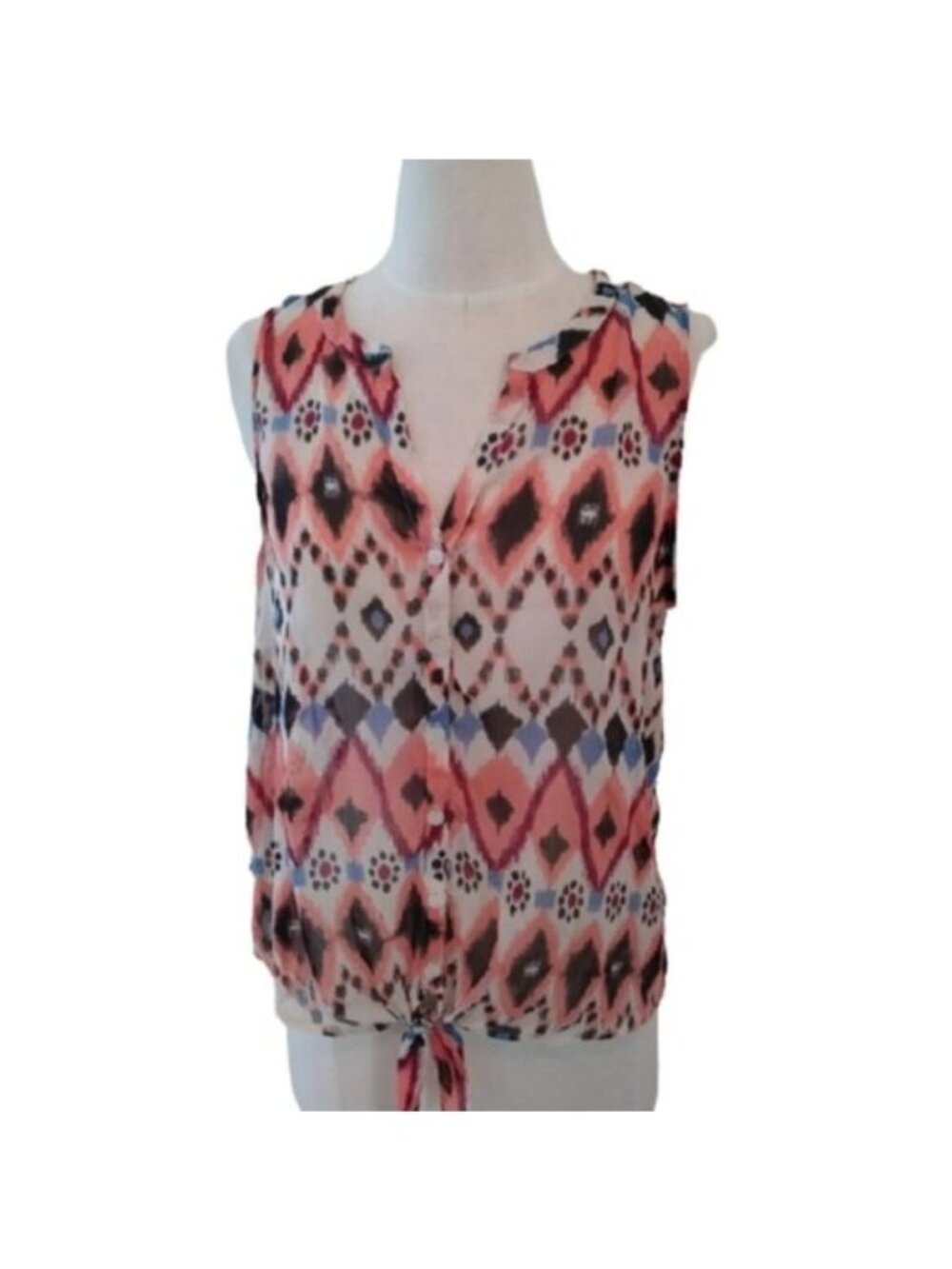 Lucky Brand Tie Front Sheer Blouse, Southwestern pattern/colors, Size Medium